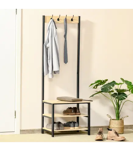 Perchero Metálico Zapatero con 3 Estantes y 4 Ganchos para Colgar Ropas para Pasillo Entrada 60x40x175cm Negro y Natural
