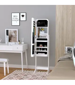 Joyero de Pie con Espejo Armario para Joyas Luces Reclinable Guardajoyas Anillos Pendientes Collares 30x36x146cm Blanco