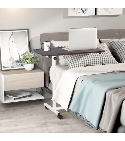 Mesa Auxiliar con Ruedas para Sofá y Cama Altura Ajustable y Marco de Acero 77x40x76-100 cm Nogal Oscuro