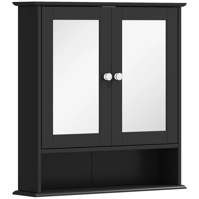 Armario de Baño con Espejo Armario de Pared con 2 Puertas Estante Abierto Estante Ajustable 56x13x58cm Negro