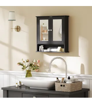 Armario de Baño con Espejo Armario de Pared con 2 Puertas Estante Abierto Estante Ajustable 56x13x58cm Negro