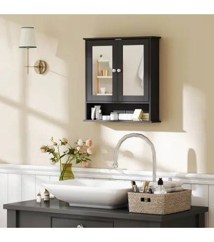 Armario de Baño con Espejo Armario de Pared con 2 Puertas Estante Abierto Estante Ajustable 56x13x58cm Negro