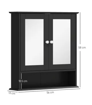 Armario de Baño con Espejo Armario de Pared con 2 Puertas Estante Abierto Estante Ajustable 56x13x58cm Negro