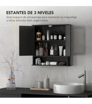 Armario de Baño con Espejo Armario de Pared con 2 Puertas Estante Abierto Estante Ajustable 56x13x58cm Negro