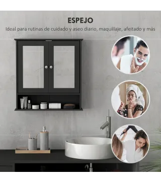 Armario de Baño con Espejo Armario de Pared con 2 Puertas Estante Abierto Estante Ajustable 56x13x58cm Negro