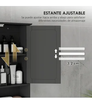 Armario de Baño con Espejo Armario de Pared con 2 Puertas Estante Abierto Estante Ajustable 56x13x58cm Negro