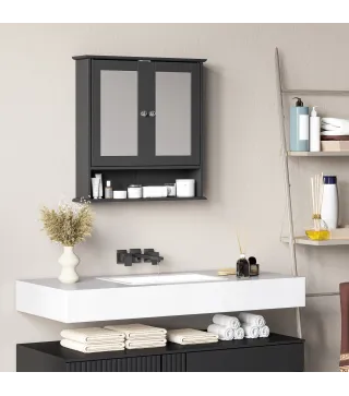 Armario de Baño con Espejo Armario de Pared con 2 Puertas Estante Abierto Estante Ajustable 56x13x58cm Negro