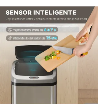 Cubo de Basura Cocina Automático 48 L Sensor Infrarrojo Cierre Automático Antihuellas Acero Inoxidable Plata
