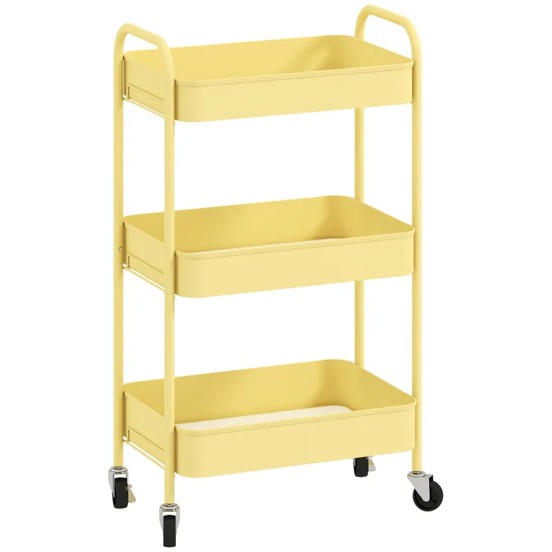 Carrito Auxiliar con Ruedas de 3 Niveles Carrito de Cocina con 3 Cestas y 2 Asas 45x30,6x79 cm Amarillo