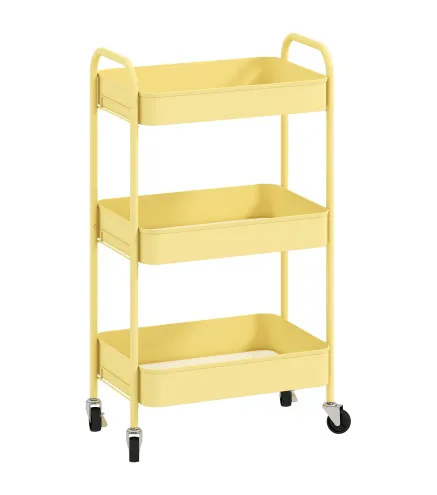 Carrito Auxiliar con Ruedas de 3 Niveles Carrito de Cocina con 3 Cestas y 2 Asas 45x30,6x79 cm Amarillo