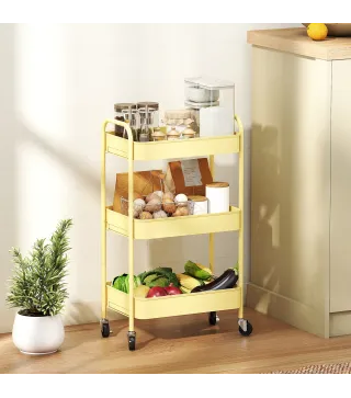 Carrito Auxiliar con Ruedas de 3 Niveles Carrito de Cocina con 3 Cestas y 2 Asas 45x30,6x79 cm Amarillo