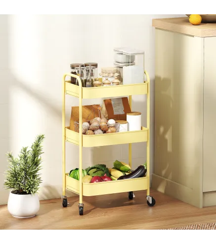 Carrito Auxiliar con Ruedas de 3 Niveles Carrito de Cocina con 3 Cestas y 2 Asas 45x30,6x79 cm Amarillo