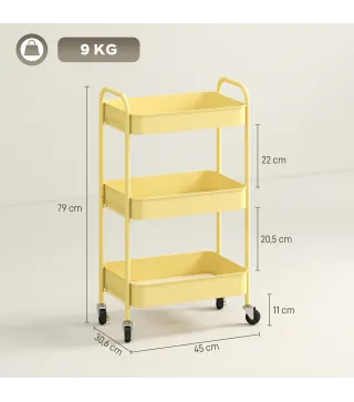 Carrito Auxiliar con Ruedas de 3 Niveles Carrito de Cocina con 3 Cestas y 2 Asas 45x30,6x79 cm Amarillo