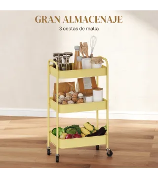 Carrito Auxiliar con Ruedas de 3 Niveles Carrito de Cocina con 3 Cestas y 2 Asas 45x30,6x79 cm Amarillo