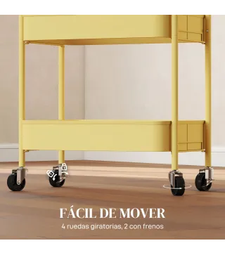Carrito Auxiliar con Ruedas de 3 Niveles Carrito de Cocina con 3 Cestas y 2 Asas 45x30,6x79 cm Amarillo