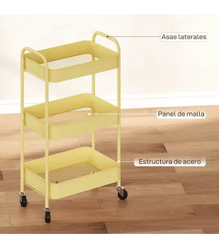 Carrito Auxiliar con Ruedas de 3 Niveles Carrito de Cocina con 3 Cestas y 2 Asas 45x30,6x79 cm Amarillo