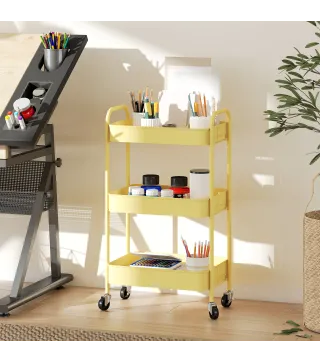 Carrito Auxiliar con Ruedas de 3 Niveles Carrito de Cocina con 3 Cestas y 2 Asas 45x30,6x79 cm Amarillo
