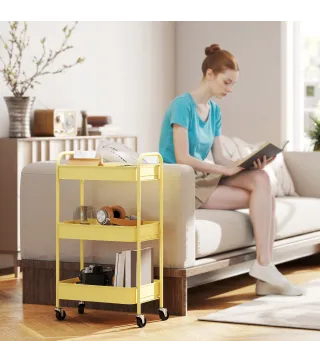 Carrito Auxiliar con Ruedas de 3 Niveles Carrito de Cocina con 3 Cestas y 2 Asas 45x30,6x79 cm Amarillo