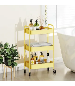 Carrito Auxiliar con Ruedas de 3 Niveles Carrito de Cocina con 3 Cestas y 2 Asas 45x30,6x79 cm Amarillo