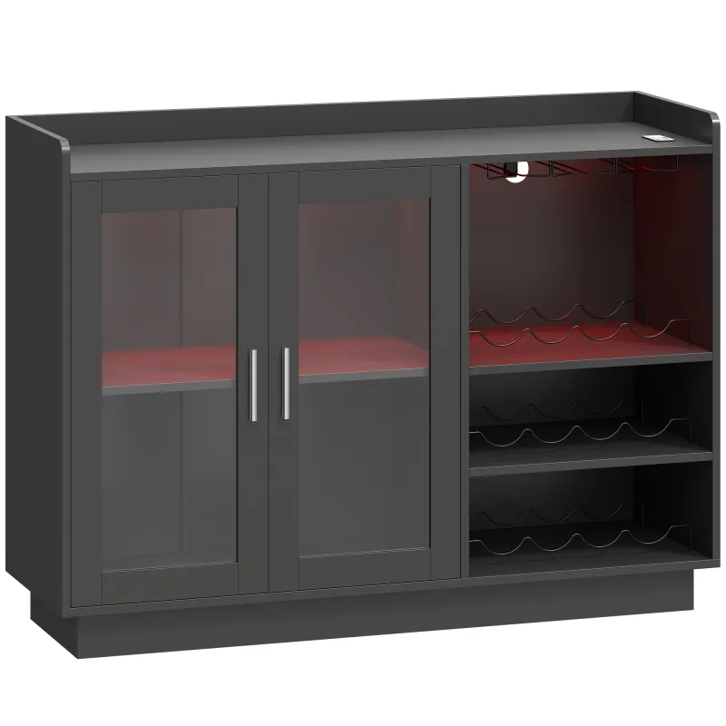 Mueble de Bar con Luces LED RGB y Botellero para 12 Botellas Armario Buffet para Vinos para Comedor Salón Negro