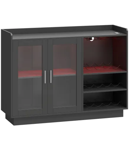 Mueble de Bar con Luces LED RGB y Botellero para 12 Botellas Armario Buffet para Vinos para Comedor Salón Negro