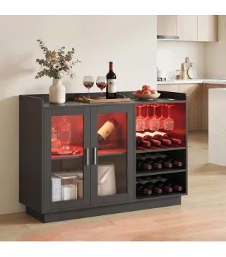 Mueble de Bar con Luces LED RGB y Botellero para 12 Botellas Armario Buffet para Vinos para Comedor Salón Negro