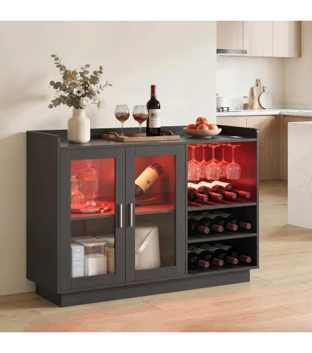 Mueble de Bar con Luces LED RGB y Botellero para 12 Botellas Armario Buffet para Vinos para Comedor Salón Negro