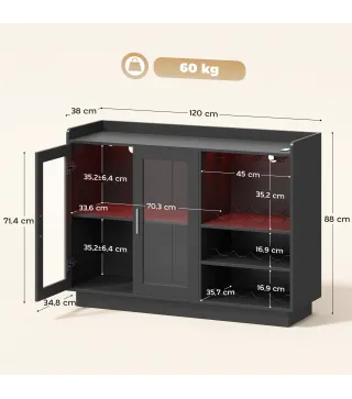 Mueble de Bar con Luces LED RGB y Botellero para 12 Botellas Armario Buffet para Vinos para Comedor Salón Negro