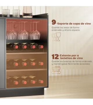 Mueble de Bar con Luces LED RGB y Botellero para 12 Botellas Armario Buffet para Vinos para Comedor Salón Negro