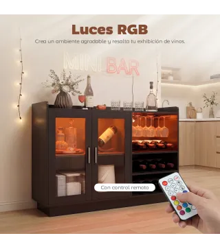 Mueble de Bar con Luces LED RGB y Botellero para 12 Botellas Armario Buffet para Vinos para Comedor Salón Negro