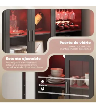 Mueble de Bar con Luces LED RGB y Botellero para 12 Botellas Armario Buffet para Vinos para Comedor Salón Negro