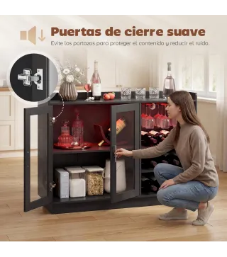 Mueble de Bar con Luces LED RGB y Botellero para 12 Botellas Armario Buffet para Vinos para Comedor Salón Negro