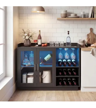 Mueble de Bar con Luces LED RGB y Botellero para 12 Botellas Armario Buffet para Vinos para Comedor Salón Negro