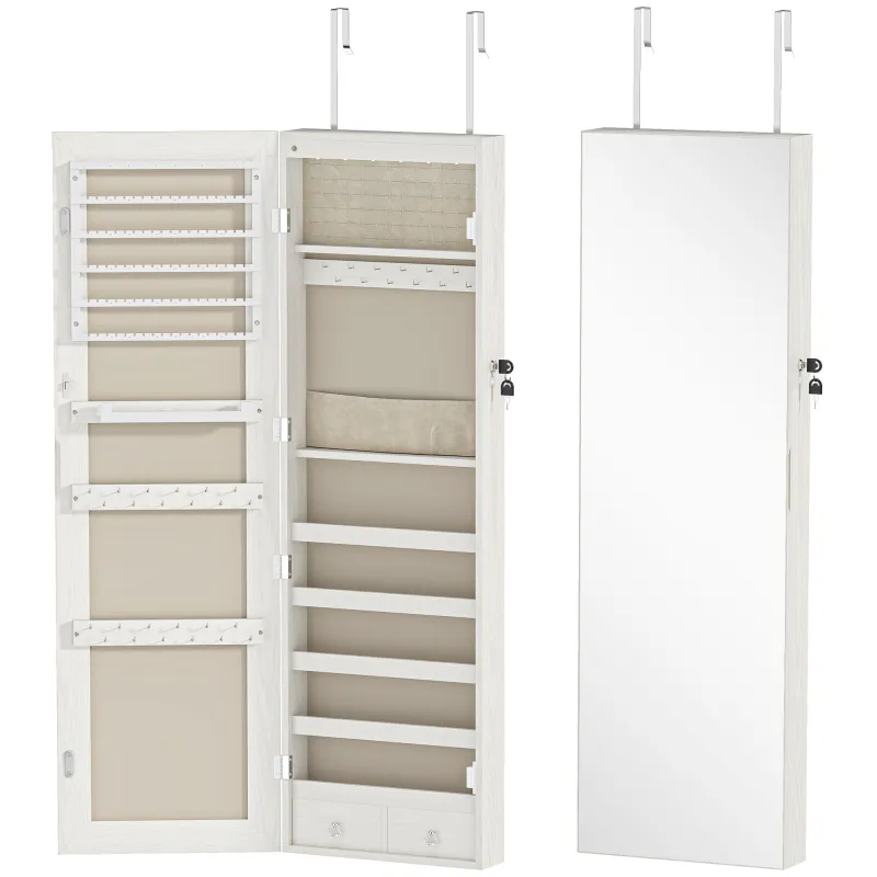 Espejo Joyero con Luz LED Armario Joyero Montado en la Pared o en la Puerta con Cerradura Espejo Entero Blanco