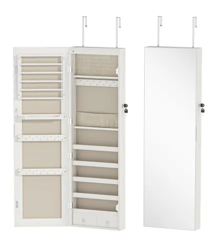 Espejo Joyero con Luz LED Armario Joyero Montado en la Pared o en la Puerta con Cerradura Espejo Entero Blanco