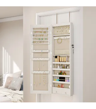 Espejo Joyero con Luz LED Armario Joyero Montado en la Pared o en la Puerta con Cerradura Espejo Entero Blanco