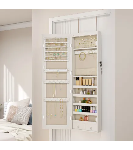 Espejo Joyero con Luz LED Armario Joyero Montado en la Pared o en la Puerta con Cerradura Espejo Entero Blanco