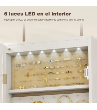 Espejo Joyero con Luz LED Armario Joyero Montado en la Pared o en la Puerta con Cerradura Espejo Entero Blanco