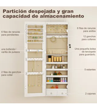 Espejo Joyero con Luz LED Armario Joyero Montado en la Pared o en la Puerta con Cerradura Espejo Entero Blanco