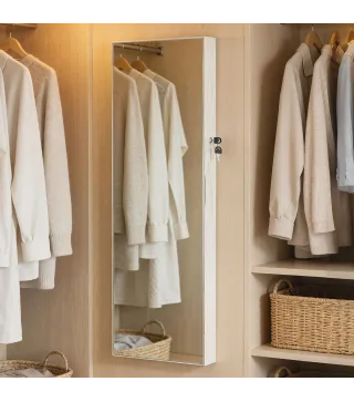 Espejo Joyero con Luz LED Armario Joyero Montado en la Pared o en la Puerta con Cerradura Espejo Entero Blanco