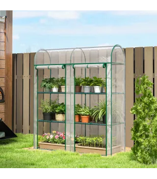 Invernadero Pequeño de 3 Niveles 2 Puertas Enrollables Marco de Acero Cubierta de Plástico 143x46x164 cm Transparente