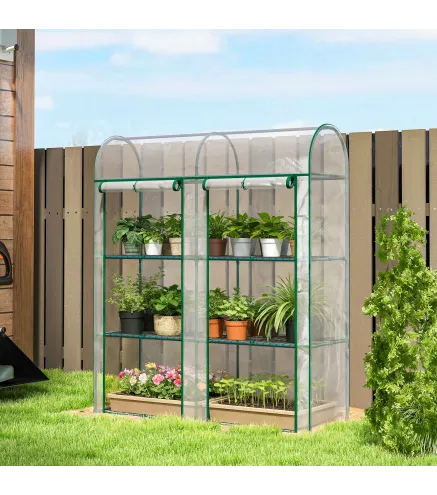 Invernadero Pequeño de 3 Niveles 2 Puertas Enrollables Marco de Acero Cubierta de Plástico 143x46x164 cm Transparente