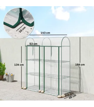 Invernadero Pequeño de 3 Niveles 2 Puertas Enrollables Marco de Acero Cubierta de Plástico 143x46x164 cm Transparente