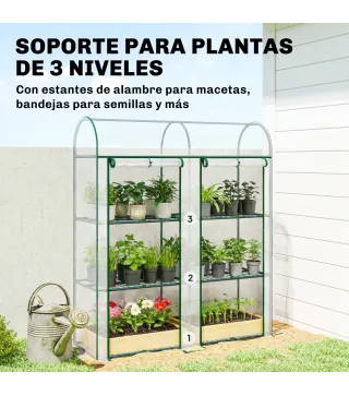 Invernadero Pequeño de 3 Niveles 2 Puertas Enrollables Marco de Acero Cubierta de Plástico 143x46x164 cm Transparente