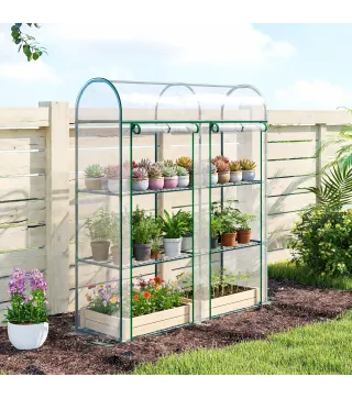 Invernadero Pequeño de 3 Niveles 2 Puertas Enrollables Marco de Acero Cubierta de Plástico 143x46x164 cm Transparente