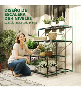 Soporte para Plantas de 4 Niveles con Diseño Escalera y Estructura Metálica Resistente para Interior y Exterior Verde
