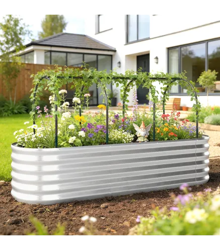 Jardinera Exterior Grande conCubierta de Invernadero y Malla Base Abierta para Patio Terraza 200x60x103 cm Plateado