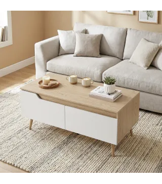 Mesa de Centro con 2 Cajones Mesa baja para Salón con Patas de Madera de Pino 100x50x46cm Roble