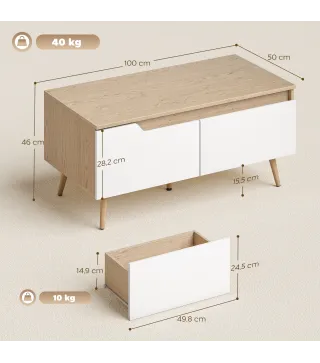 Mesa de Centro con 2 Cajones Mesa baja para Salón con Patas de Madera de Pino 100x50x46cm Roble