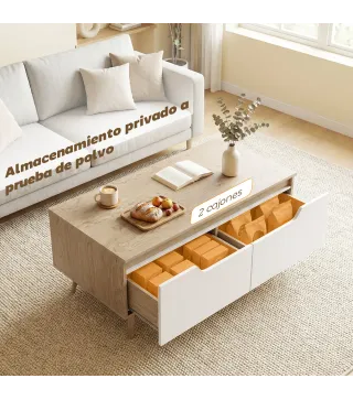 Mesa de Centro con 2 Cajones Mesa baja para Salón con Patas de Madera de Pino 100x50x46cm Roble